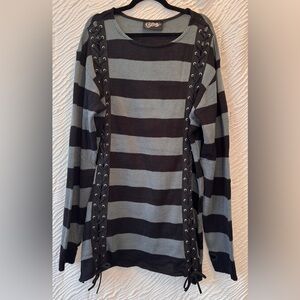 Striped Black and Gray Sweater Dress with Lace-Up Sides